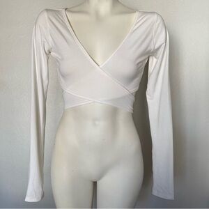 Mirella - Long Sleeve Wrap Crop Top - White - Size M